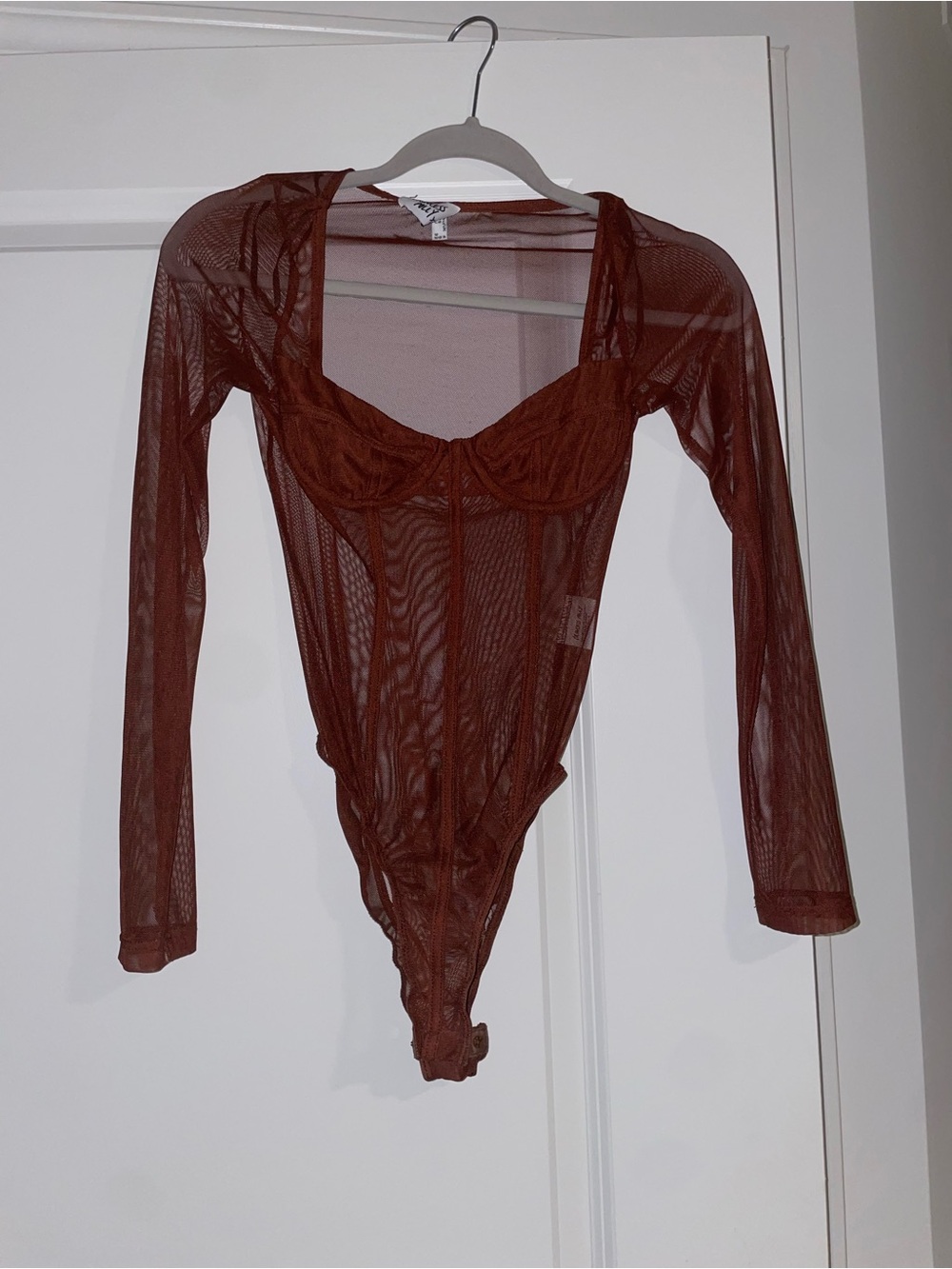 Sheer Long Sleeve rust/burgundy Brown Mesh Bodysuit